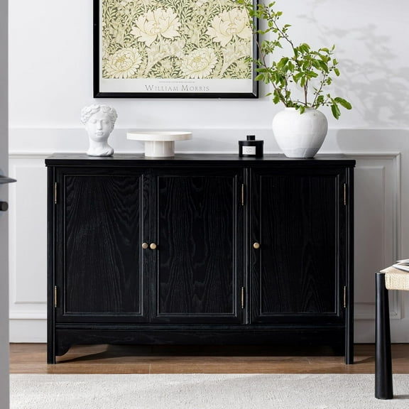 ANHDAH Vintage Solid Wood Buffet Cabinet - 3 Doors, Shelves, Natural Wood Veneer, Water-Based Paint Finish, for Dining Room, Entryway Storage
