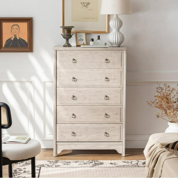 ANHDAH Solid Wood Dresser for Bedroom- Natural Wood Veneers& Water Based Paint Finished- Vintage Chests of Drawers, 5 Drawer Tall Dresser (Antique Gray)