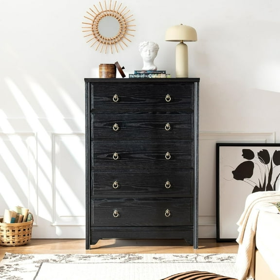 ANHDAH Solid Wood Dresser for Bedroom- Natural Wood Veneers& Water Based Paint Finished- Vintage Chests of Drawers, 5 Drawer Tall Dresser (Black)