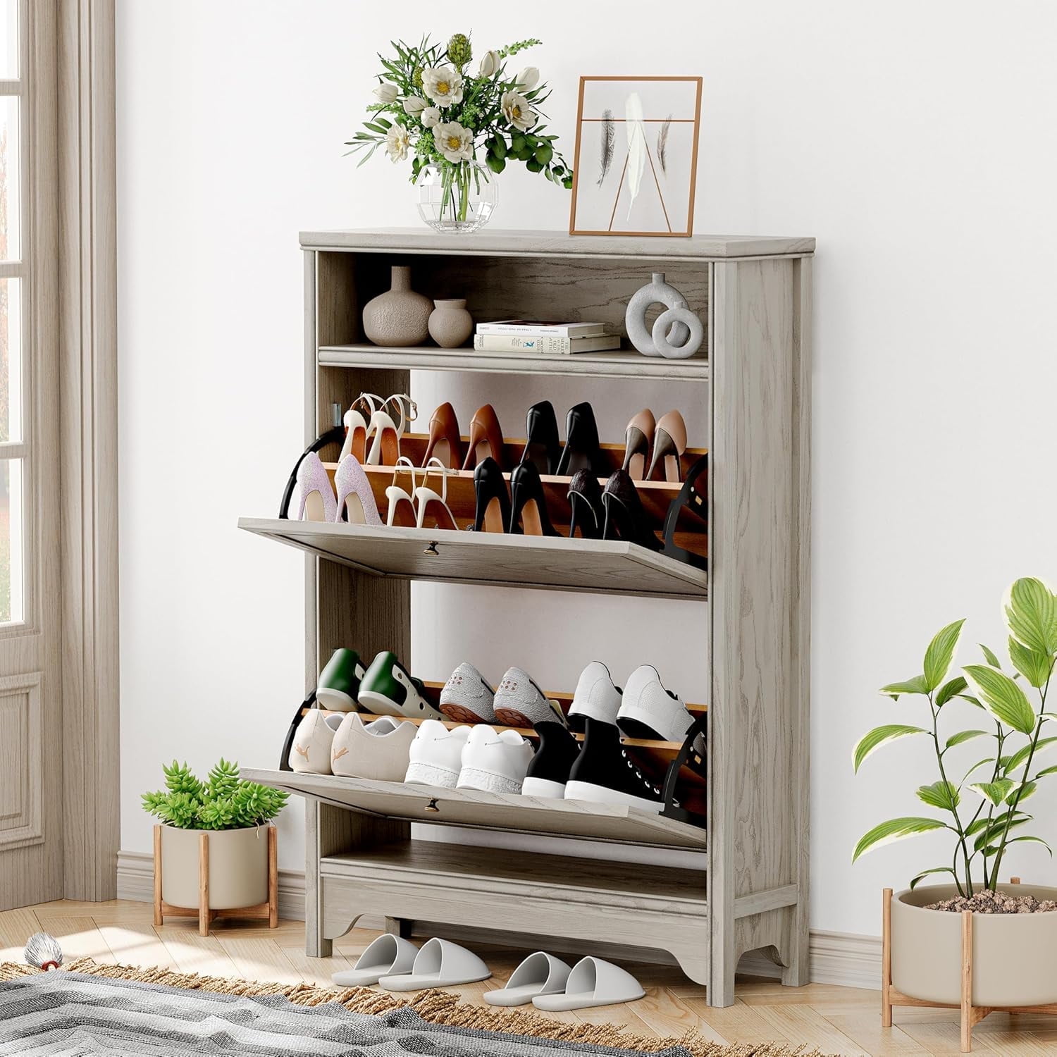 ANHDAH Solid Wood Shoe Cabinet Narrow Entryway Organizer with