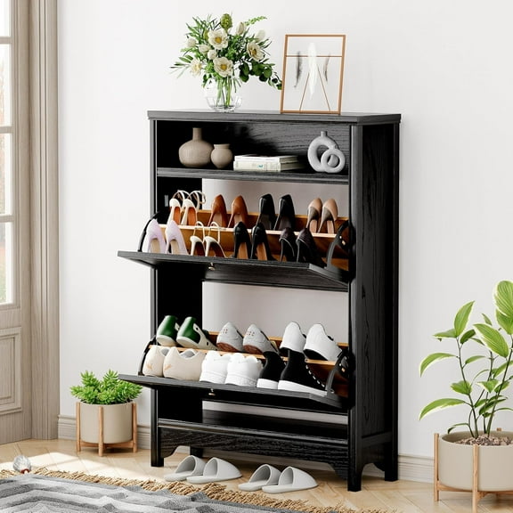 ANHDAH Solid Wood Shoe Cabinet - Narrow Entryway Organizer with 2 Flip-Up Drawers, Sturdy Freestanding Shoe Rack for Hallway, Foyer & Living Room