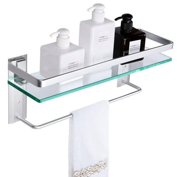 VDOMUS Tempered Glass Wall Mounted Shower Organizers with Towel Bar, Silver