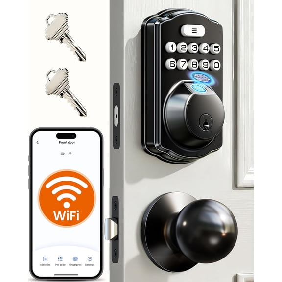 VE012W-K Built-in WiFi Fingerprint Lock with 2 Knobs, No Hub Needed, Remote APP Control, Keyless Entry Door Lock, Deadbolt for Front Door, Auto Locking, Matte Black
