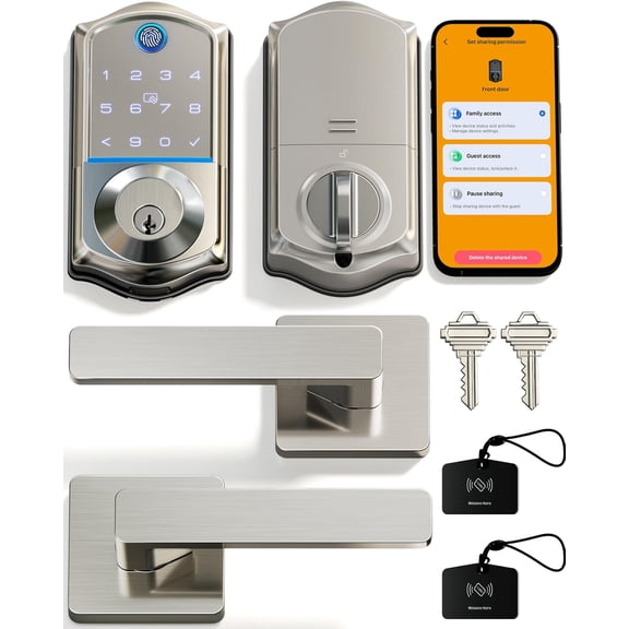 VE017-B Fingerprint Lock for Front Door, App Control, 7-in-1 Keyless Entry Deadbolt with 2 Zinc Alloy Lever Handles Set, Power Port, Lock, Keypad, Satin Nickel