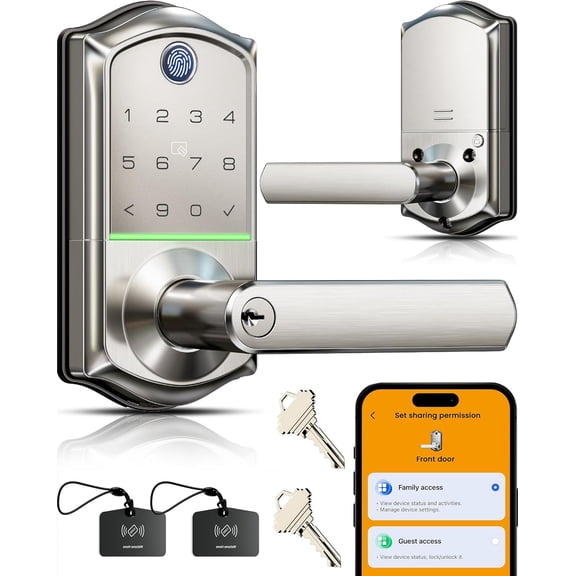 VE019 Fingerprint Smart Lever Lock, App Control, Keyless Entry Door Lock with Handle, Touchscreen Keypad Knob for Front Door and Bedroom, Remote Access Sharing, IP55 Waterproof, Satin Nickel
