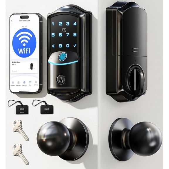 VE027-K Built-in WiFi Lock with 2 Knob, Fingerprint Keyless Entry Door Lock Handle Set for Front Door, App Remote Control, Digital Keypad Deadbolt, IP65 , Matte Black