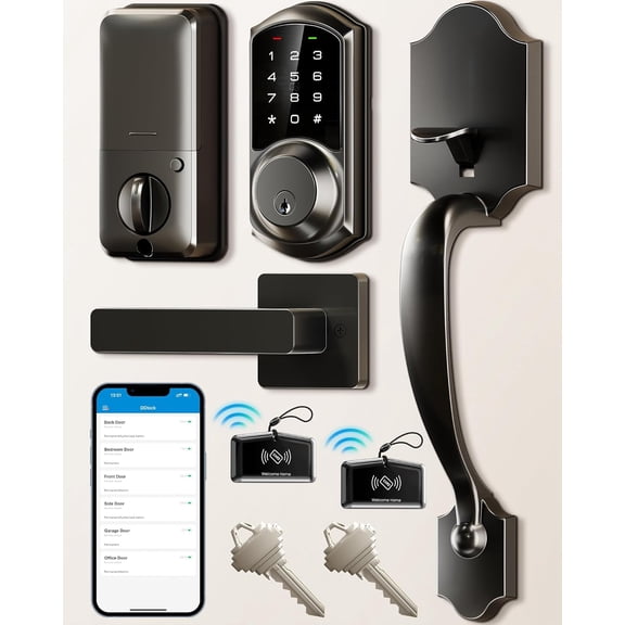VE06-H Smart Front Door Lock Handle Set, App Control, Matte Black | Remote Access Sharing, Fob Unlock Keyless Entry Deadbolt, Auto Lock, User Management, IP55 Waterproof, Low Battery Alarm