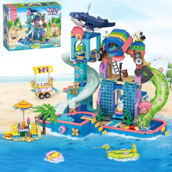 VEAIS Friends Water Park Building Set STEM Toy with Swimming Pool Slides 1150 Pieces Ages 6-12+