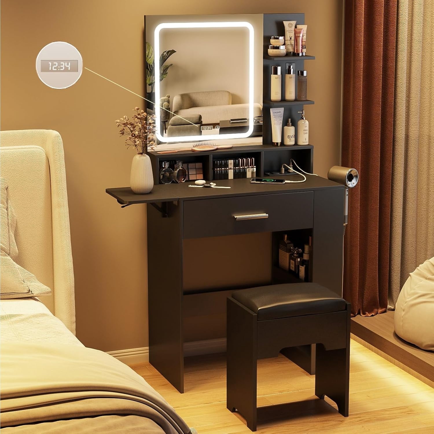 VEANERWOOD 26.6" White Vanity Desk with LED Light Mirror & Power Outlet, Vanity Table Set with Foldable Panel, Time Display, Cushioned Storage Stool for Small Space