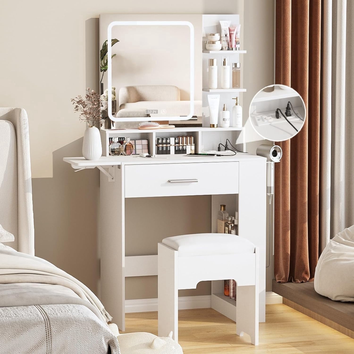 VEANERWOOD 26.6" White Vanity Desk with LED Light Mirror & Power Outlet, Vanity Table Set with Foldable Panel, Time Display, Cushioned Storage Stool for Small Space