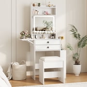 VEANERWOOD 21.4 White Vanity Desk with LED Light Mirror & Power Outlet, Glass Top Vanity Table Set with 2 Drawers, 8 Shelves, Makeup Table with Foldable Panel for Small Space