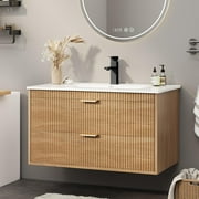 VEANERWOOD 24" Wall Mounted Bathroom Vanity with Sink Combo, Fluted Floating Bathroom Storage Cabinet with Sink, Faucet, Drain, White