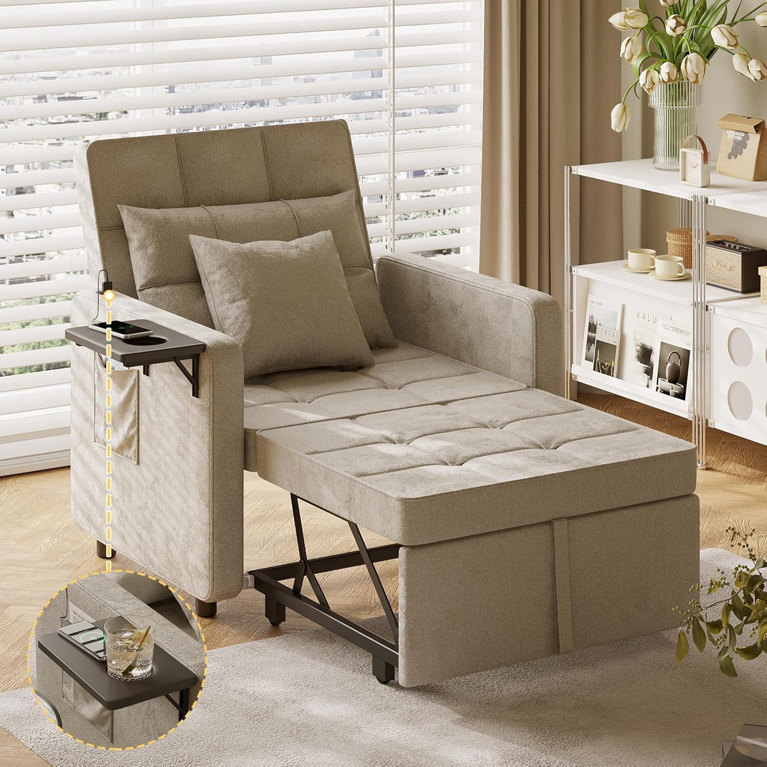 VEANERWOOD 3 in 1 Convertible Sofa Chair Bed, Sofa Chair with 2 Pillows ...