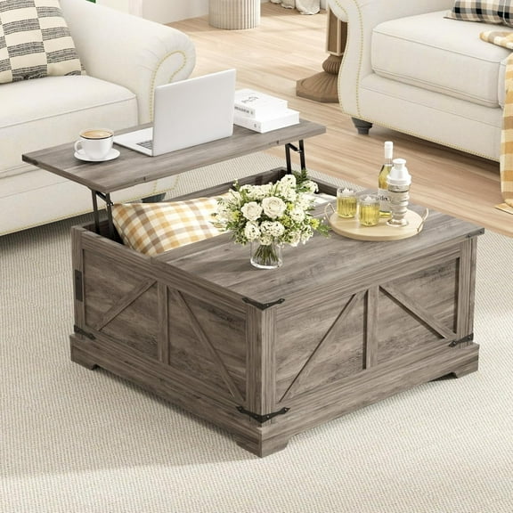 VEANERWOOD 31.5" Lift Top Coffee Table, Farmhouse Wood Square Center Table with Storage & Charging Station Hidden Compartment for Living Room, Home Office