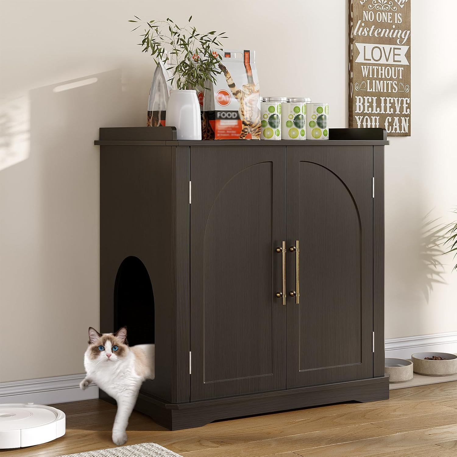 VEANERWOOD 33.5"H Hidden Cat Litter Box Enclosure Furniture Multi-Functional Cat Litter Box Washroom with Removable Dividers for Bedrooms, Living Room, Hallway