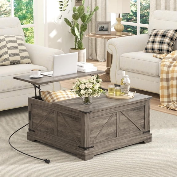 VEANERWOOD 35.4" Lift Top Coffee Table, Farmhouse Wood Square Center Table with Storage & Charging Station Hidden Compartment for Living Room, Home Office