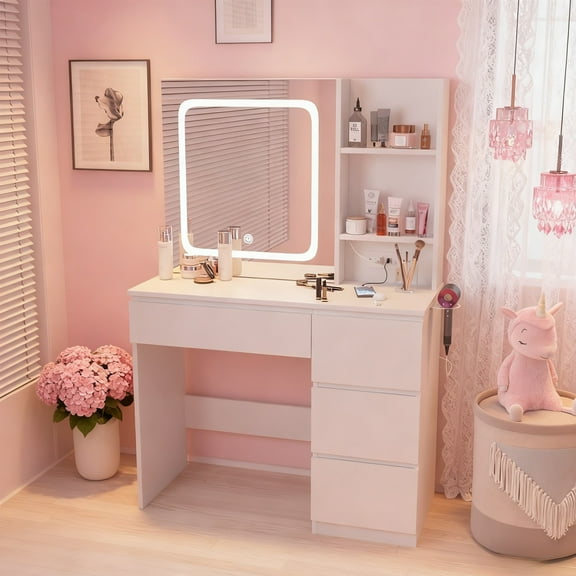 VEANERWOOD 37” W Makeup Vanity Desk with Sliding Mirror and Lights, Modern Makeup Table with Glass Door Cabinet, Charging Station and 4 Drawers for Bedroom