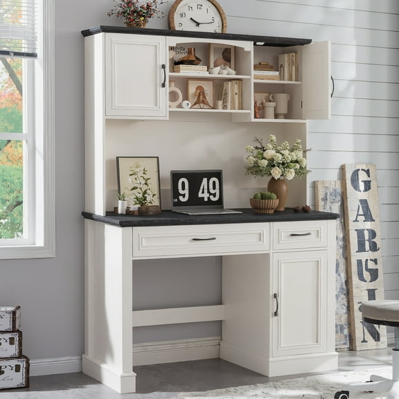 VEANERWOOD 47" Executive Desk with Hutch & LED Lights & Charging Station, Farmhouse Home Office Computer Desk with Storage Cabinet and 2 Drawers