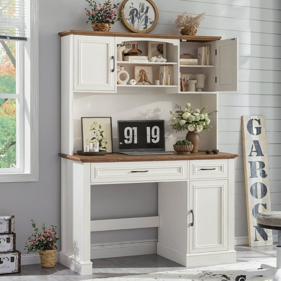 VEANERWOOD 47" Executive Desk with Hutch & LED Lights & Charging Station, Farmhouse Home Office Computer Desk with Storage Cabinet and 2 Drawers