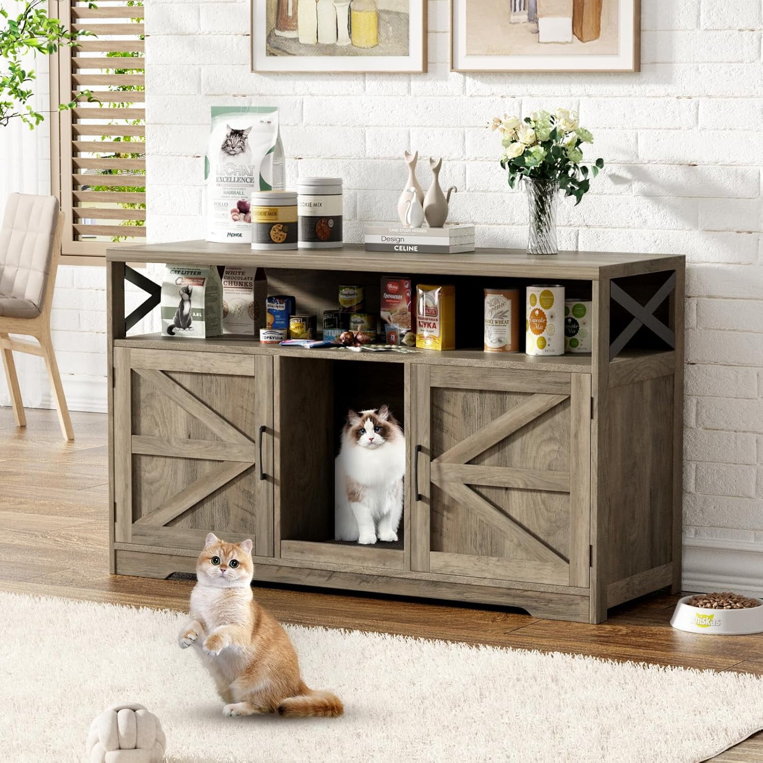 VEANERWOOD 47" Large Wood Cat Litter Box Enclosure, Hidden Cat House Washroom Furniture with Scratch Pad and Storage Shelf