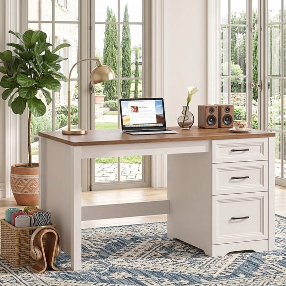 VEANERWOOD 55" Farmhouse Executive Desk with Storage Cabinet & File Drawer, Brown White
