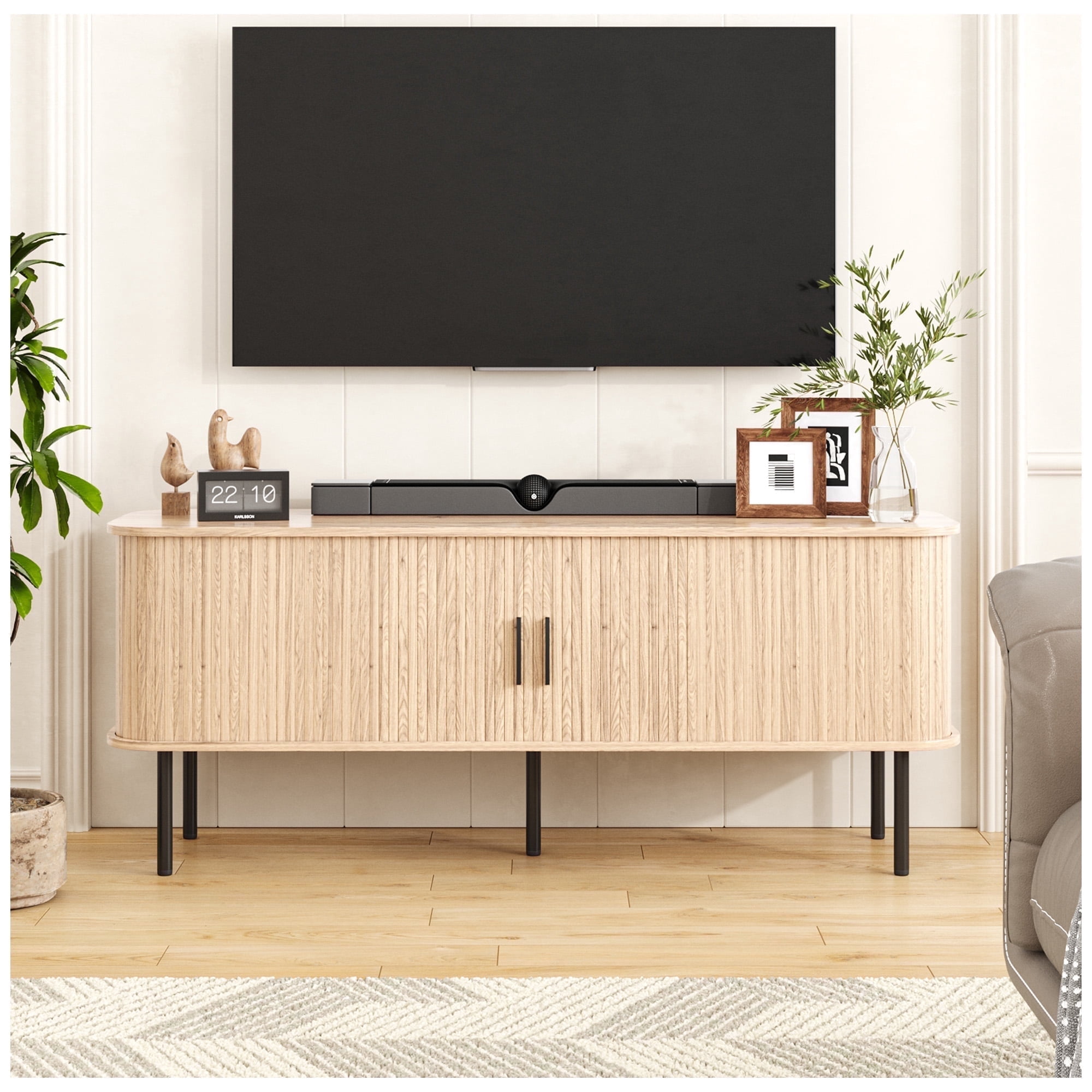 VEANERWOOD 63" TV Stand for 70" TV, Wood Entertainment Center with Storage and Shelves, 2 Sliding Tambour Doors, Mid-Century Modern,Natural
