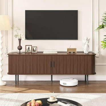 VEANERWOOD 63" TV Stand for 70" TV, Wood Entertainment Center with Storage and Shelves, 2 Sliding Tambour Doors, Mid-Century Modern,Walnut