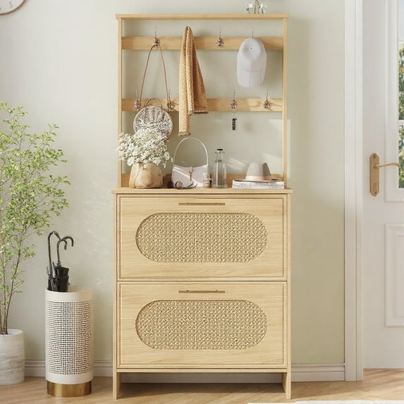 VEANERWOOD 64" H Tall Shoe Cabinet with 2 Doors, Rattan Shoe Storage Cabinet with Metal Hanging Hooks for Foyer, Entryway, Hallway