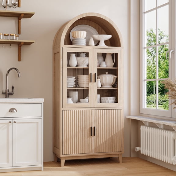 VEANERWOOD 71" Tall Arch Cabinet, Wood Fluted Kitchen Kitchen Storage Cabinet with 4 Doors and 6 Shelves for Dining Room Living Room