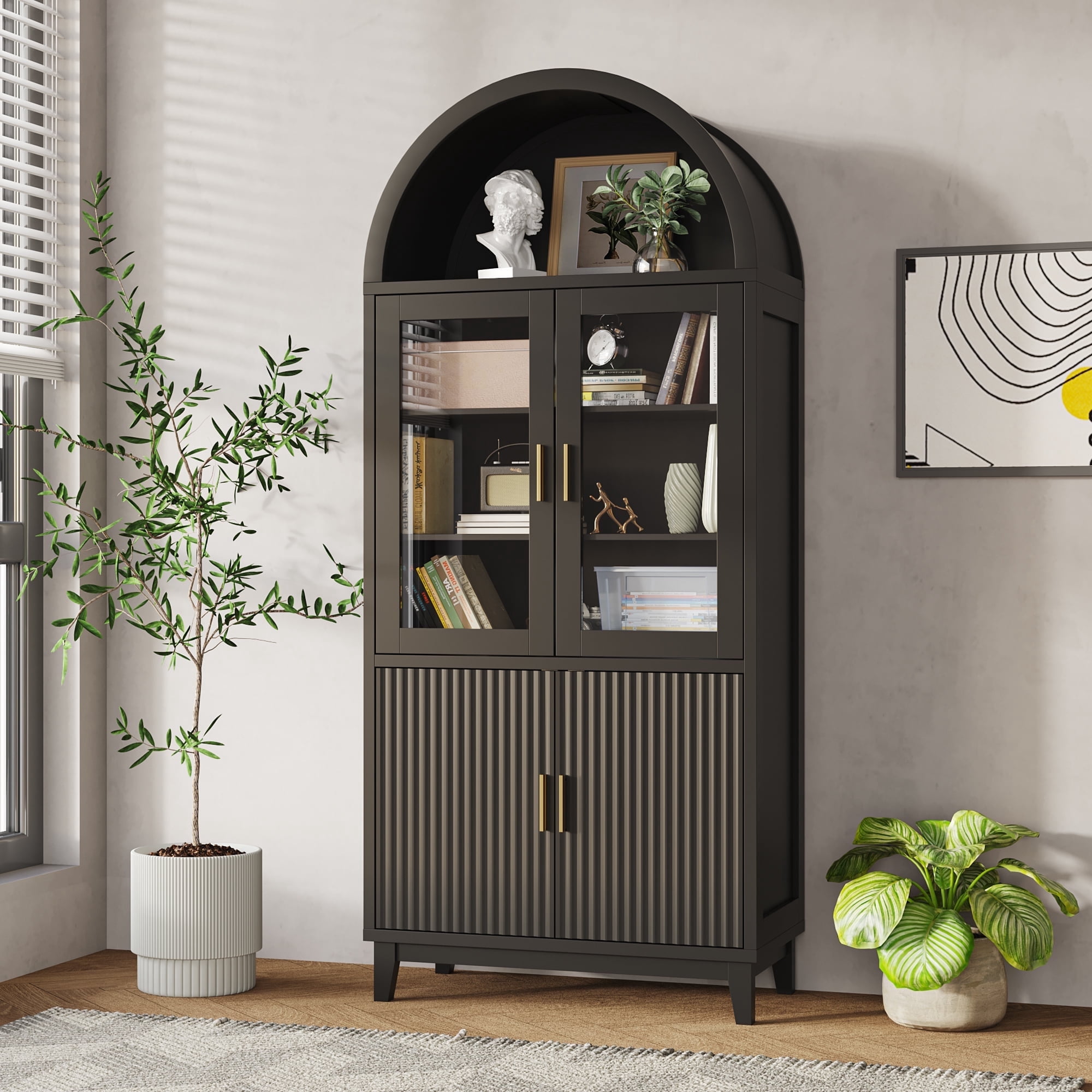 VEANERWOOD 71" Tall Arched Cabinet with Glass Doors, Wood Fluted Pantry Cabinet with Adjustbale Shelves for Dining Room, Kitchen & Living Room