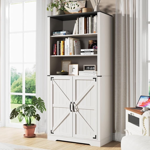 VEANERWOOD 71" Tall Bookcases with 2 Doors, 5 Tier Wooden Storage Bookshelf for Living Room Home Office, White