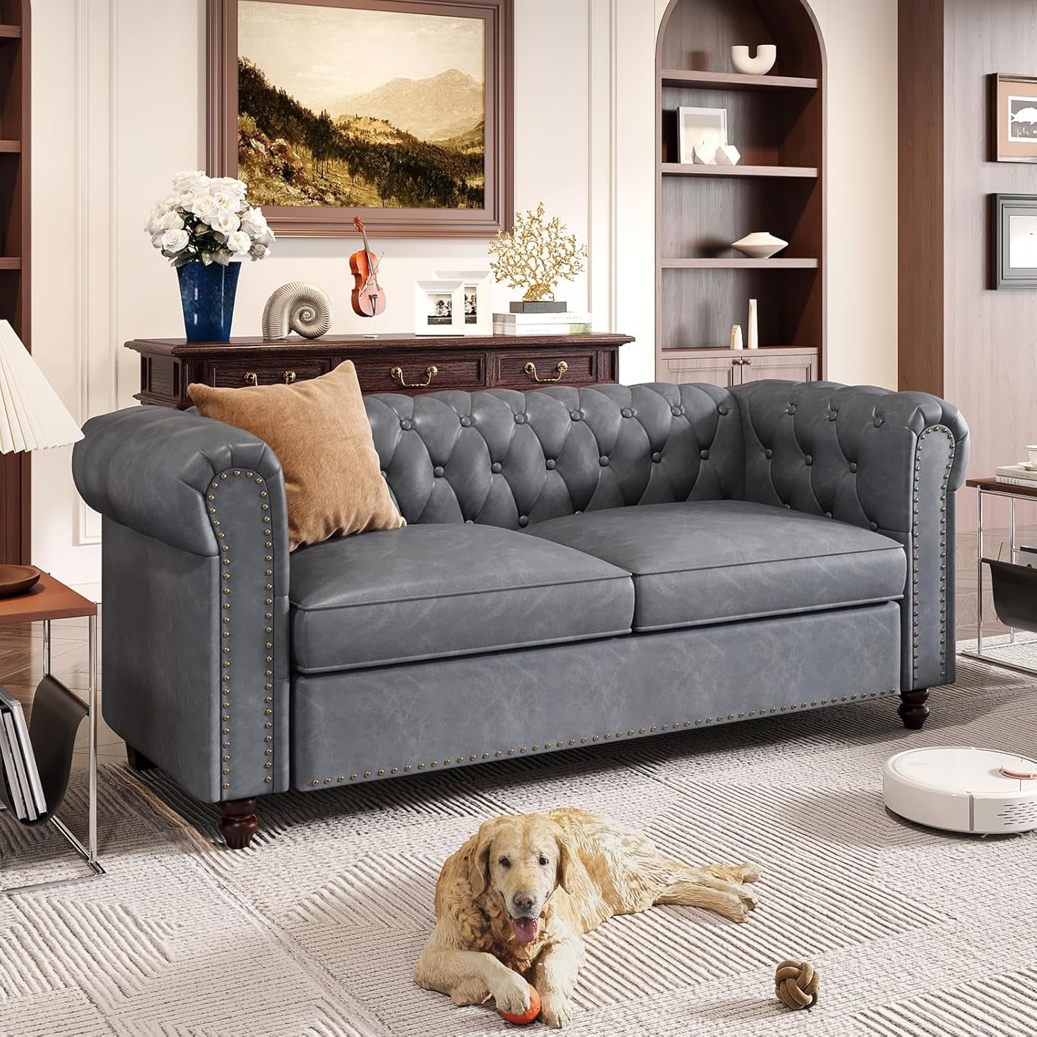 VEANERWOOD 72"Comfy Leather Loveseat Sofa Couch with Rolled Arms, Vintage Tufted Chesterfield Sofa Couch with Rivets and Wooden Legs for Living Room, Bedroom, Apartment, Office