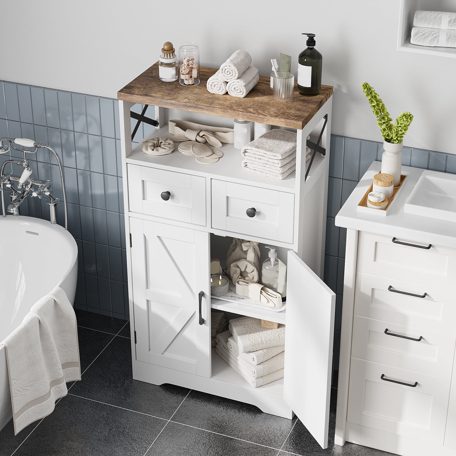 VEANERWOOD Bathroom Floor Cabinet Wooden Storage Organizer with 2 Barn Door, 2 Drawers & Adjustable Shelf, 42.7"H Floor Bathroom Storage Cabinet