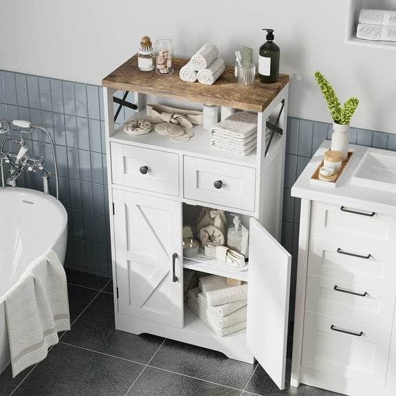 VEANERWOOD Bathroom Floor Cabinet Wooden Storage Organizer with 2 Barn Door, 2 Drawers & Adjustable Shelf, 42.7"H Floor Bathroom Storage Cabinet