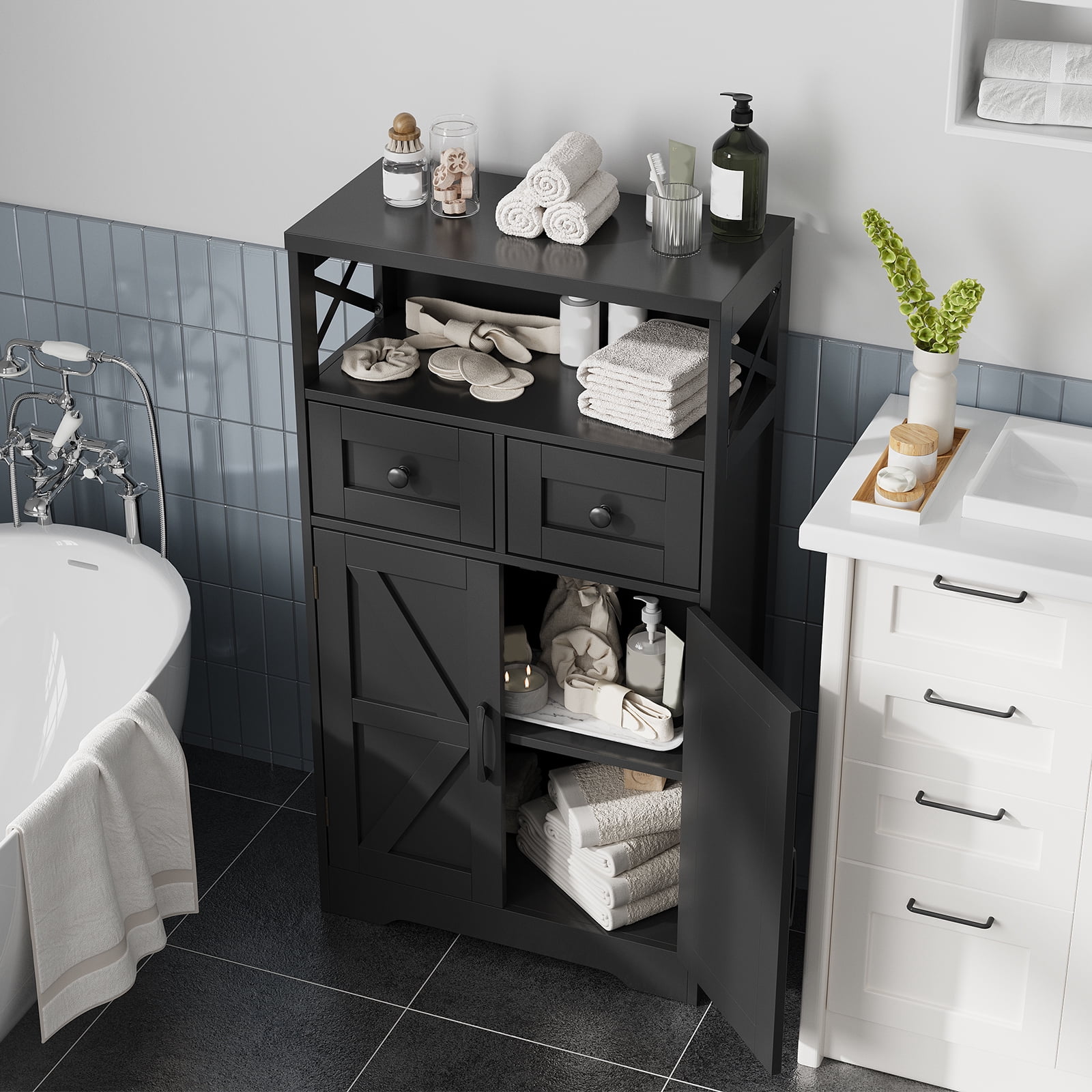 VEANERWOOD Bathroom Floor Cabinet Wooden Storage Organizer with 2 Barn ...