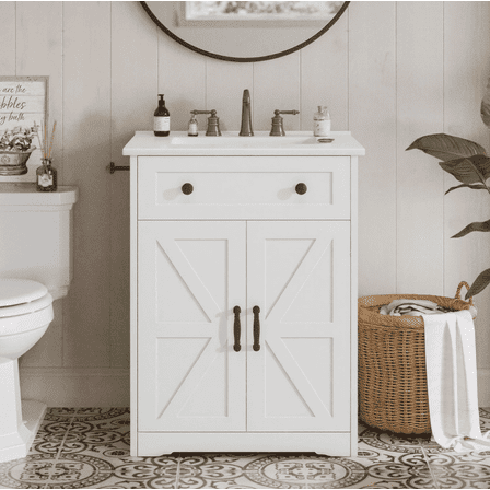 VEANERWOOD 24" Bathroom Vanity with Sink Set, Farmhouse Bathroom Cabinet with Flip Drawer and Doors, White