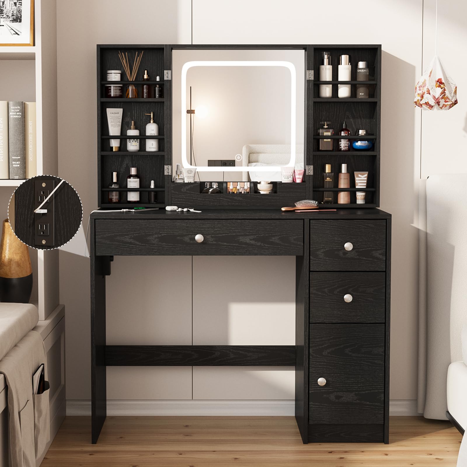 VEANERWOOD Black Vanity Desk with Mirror and Lights, Makeup Vanity with