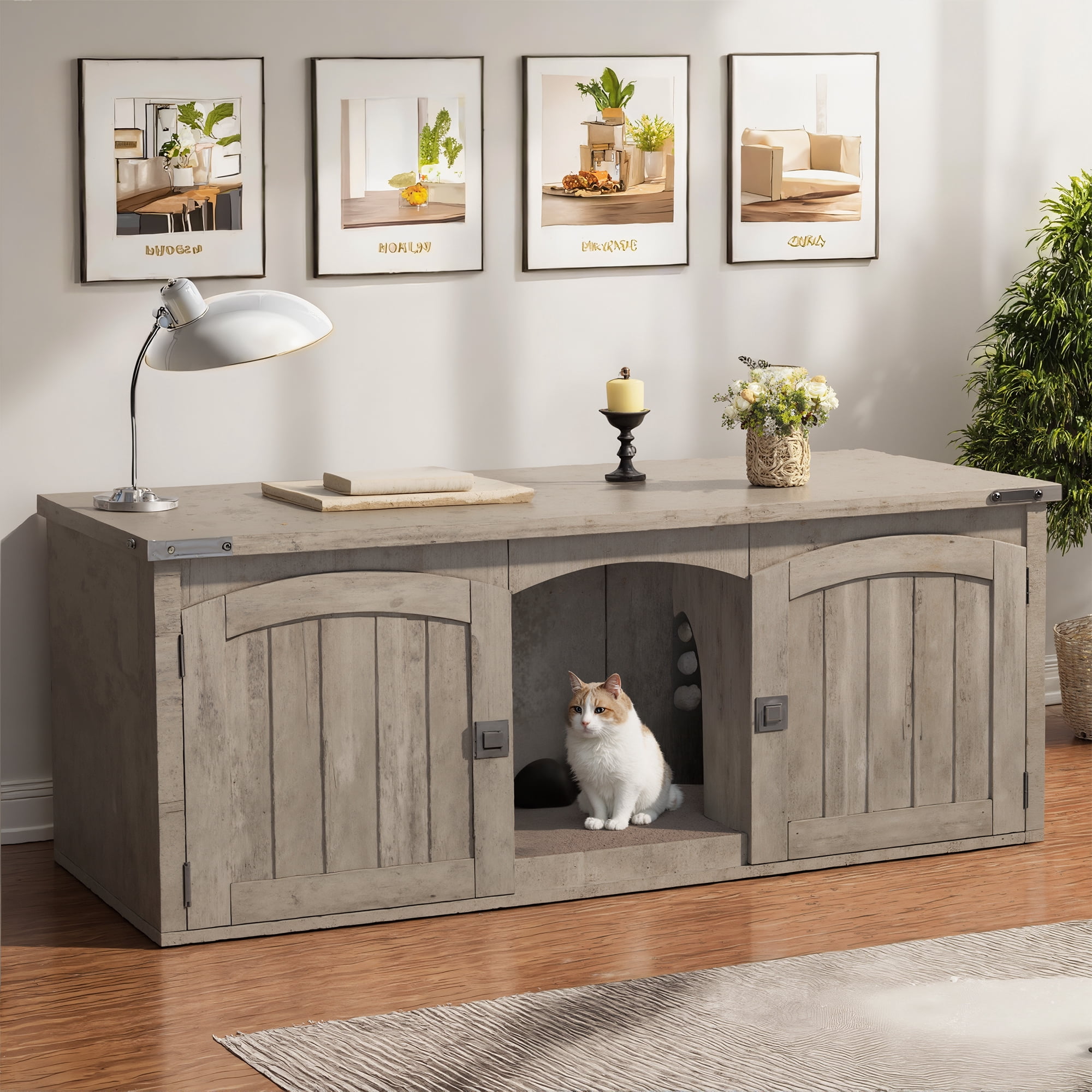 VEANERWOOD Cat Litter Box Enclosure for 2 Cats, Large Cat House with Double Rooms & Scratch Pad for Living Room, Bedroom, Wooden Enclosed Cat Litter Box Furniture