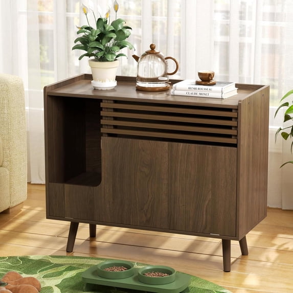 VEANERWOOD Cat Litter Box Enclosure Furniture,Multi-Functional Cat Washroom Bench With Cat Scratch Pad,Flip-Down Opening Litter Box Cabinet.
