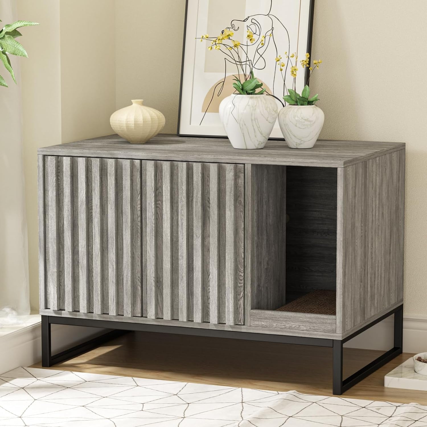 VEANERWOOD Cat Litter Box Enclosure Furniture, Wood Hidden Litter Box with Cat Scratch Pad, Gray