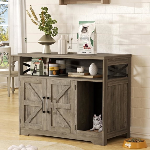 VEANERWOOD Cat Litter Box Enclosure with Cat Scratch Pad,Hidden Cat Washroom Furniture with Entry Open Compartment,Gray
