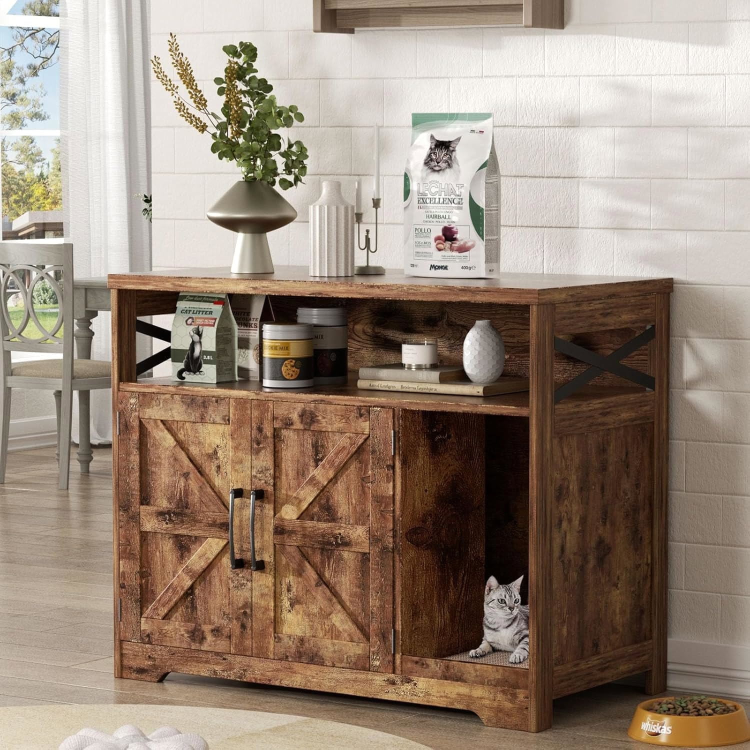 VEANERWOOD Cat Litter Box Enclosure with Cat Scratch Pad,Hidden Cat Washroom Furniture with Entry Open Compartment,Retro Brown