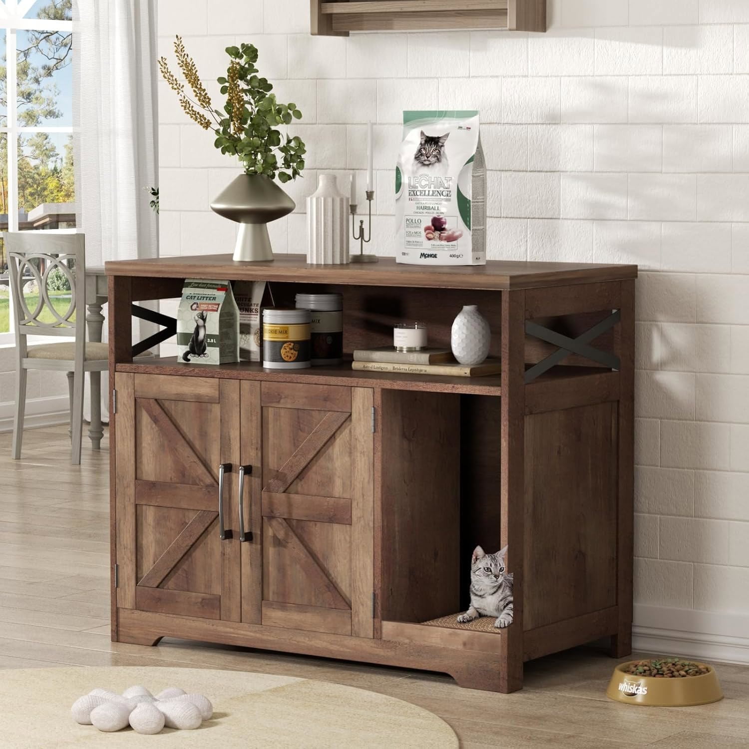 VEANERWOOD Cat Litter Box Enclosure with Cat Scratch Pad,Hidden Cat Washroom Furniture with Entry Open Compartment,Rustic Brown