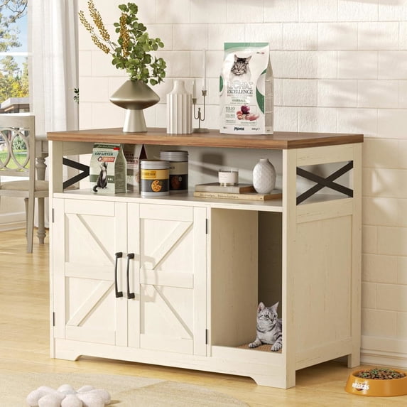 VEANERWOOD Cat Litter Box Enclosure with Cat Scratch Pad,Hidden Cat Washroom Furniture with Entry Open Compartment,White