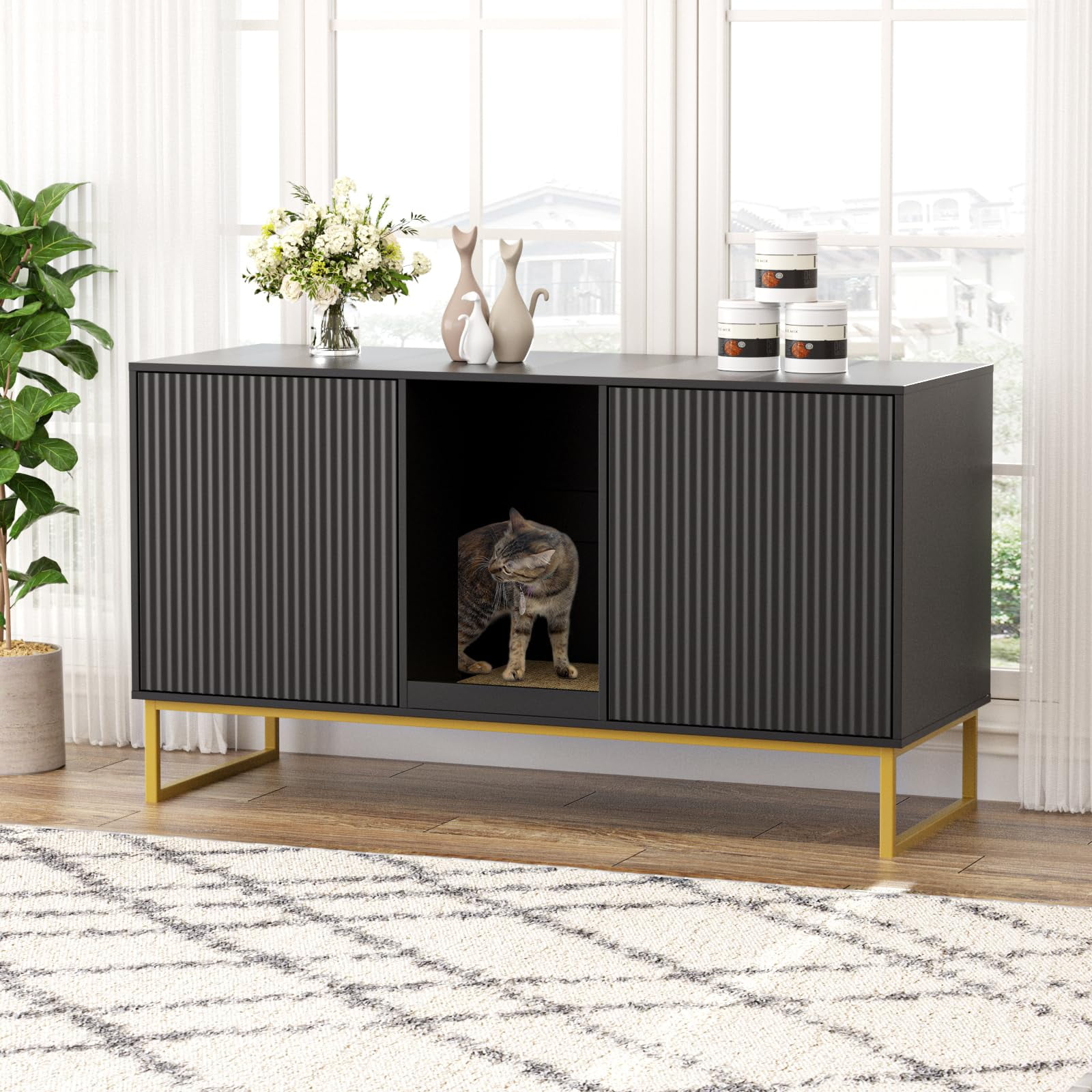 VEANERWOOD Cat Litter Box Enclosure with Hidden Entry and Two Cabinet Doors, Multi-Functional Cat Washroom