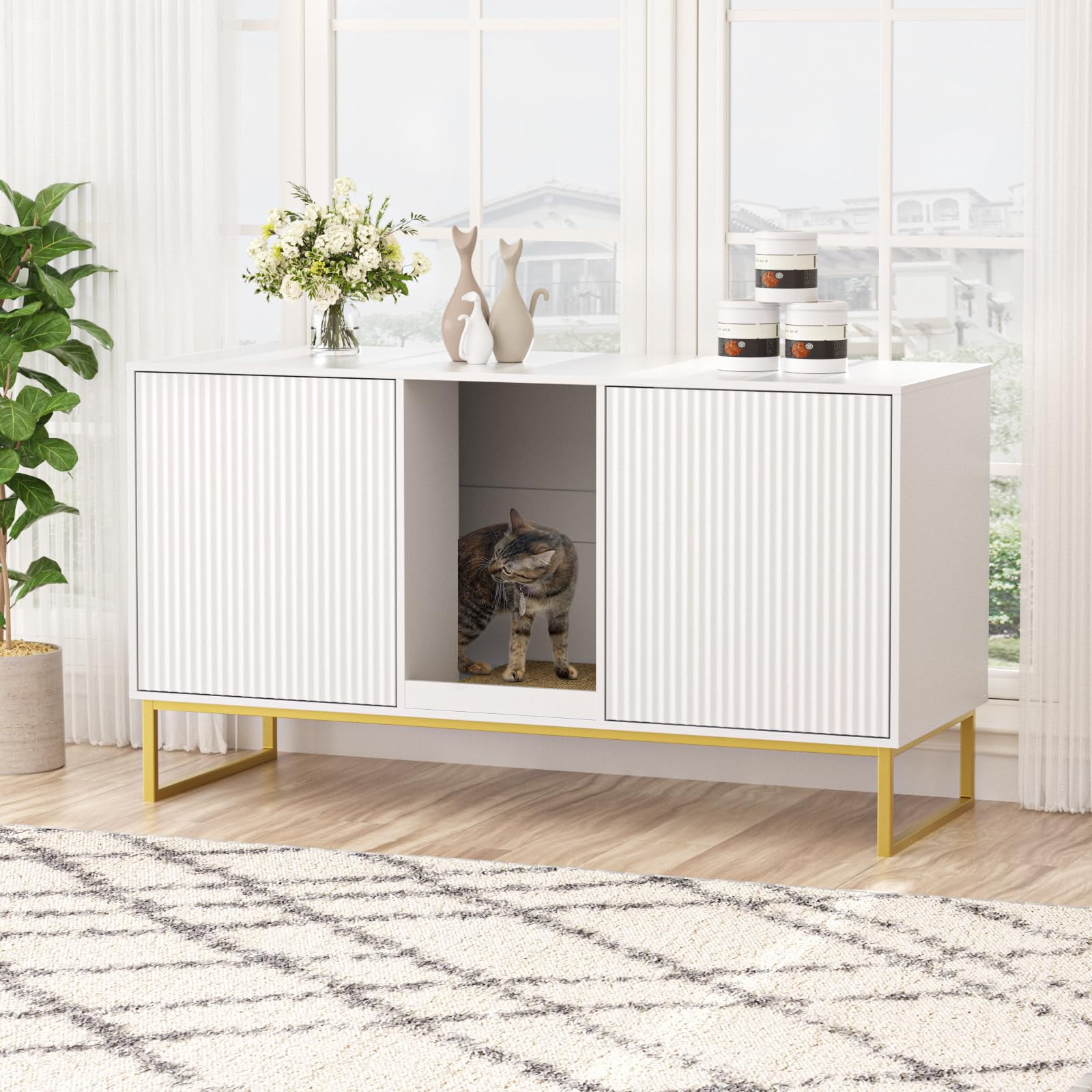 VEANERWOOD Cat Litter Box Enclosure with Hidden Entry and Two Cabinet Doors, Multi-Functional Cat Washroom