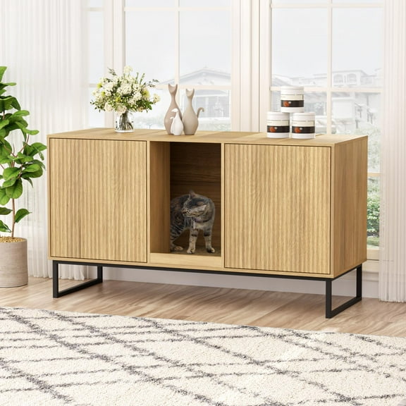 VEANERWOOD Cat Litter Box Enclosure with Hidden Entry and Two Cabinet Doors, Multi-Functional Cat Washroom