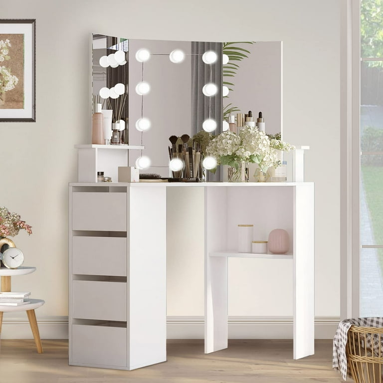 VEANERWOOD Corner Makeup Vanity Dressing Table with 10 Light Bulbs Vanity Dresser Desk for Corner 4 Storage Drawers Three fold Lighted Mirror