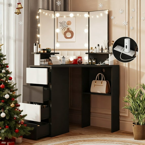 Veanerwood Corner Vanity Desk with Lighted Mirror & Charging Station,Makeup Vanity Table, Black
