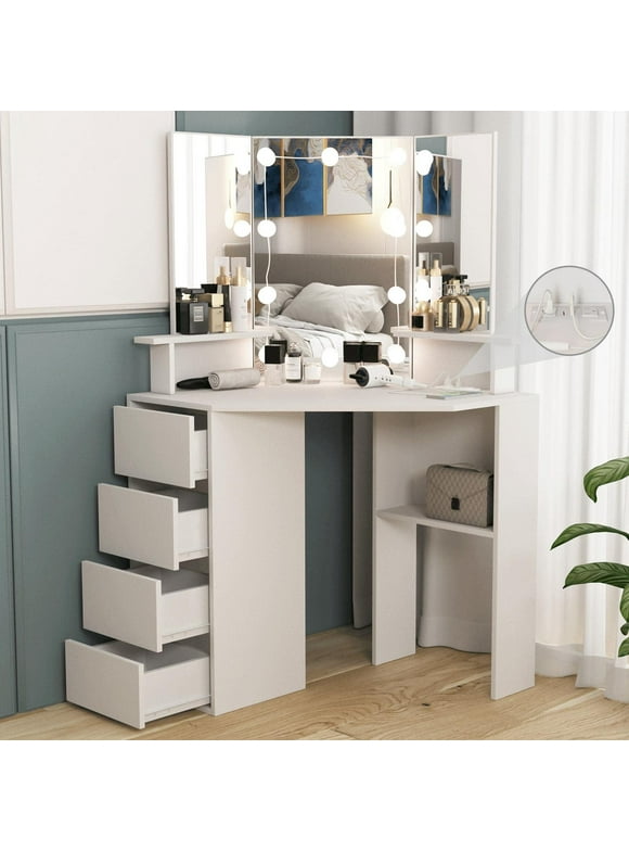 VEANERWOOD Corner Vanity Desk with Lighted Mirror & Charging Station Makeup Vanity Table with 4 Drawer, White